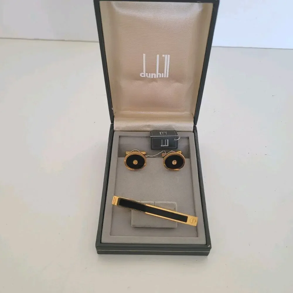 Dunhill Vintage Round Cufflinks Tie Clasp Clip Bar Set Black Onyx Gold Logo Box